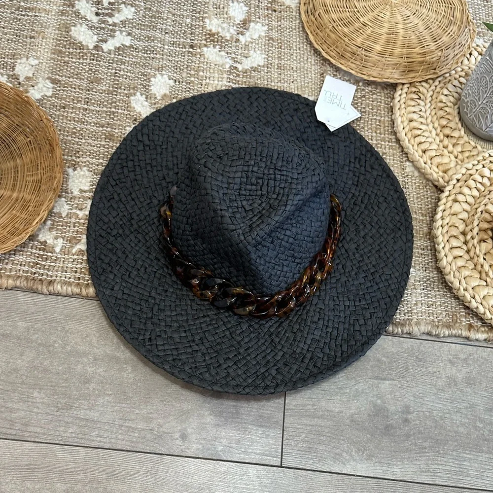 New Time & Tru Women’s Black Woven Straw Fedora Hat with Brown Accent